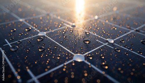 Solar Panel Image of Close-Up of Photovoltaic Surface with Dew and Sunlight Highlighting Renewable Energy Technology