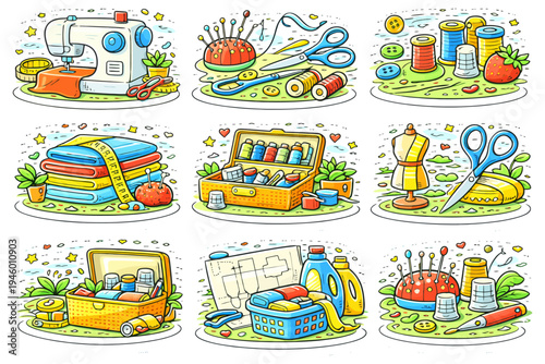 Colorful sewing supplies: machine, fabric, thread, scissors, and patterns.