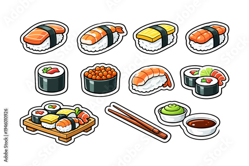 Colorful cartoon sushi collection with nigiri and rolls.