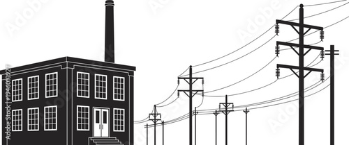 Power plant silhouette with smokestack, electricity transmission poles, utility lines, industrial energy facility, electrical distribution network, infrastructure, energy supply system