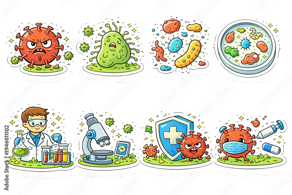 Fototapeta premium Cartoon virus and bacteria with lab scientist microscope healthcare elements.
