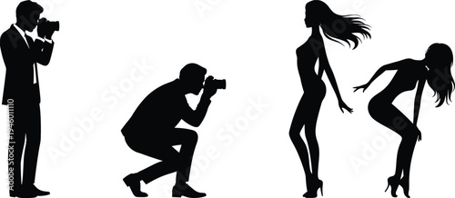 Fashion photo shoot silhouette with photographers, posing models, glamour studio session, stylish representation, modeling industry, creative fashion concept, artistic capture, dynamic poses