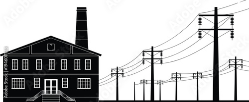 Power generation facility silhouette with factory building, electrical transmission poles, utility lines, industrial infrastructure, energy distribution system, electricity supply network