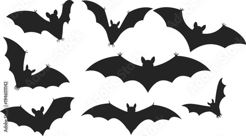 Bat silhouettes collection showing flying bats with spread wings isolated on white background, nocturnal wildlife animal vector illustration set
