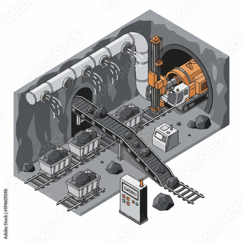Isometric Mining Operation with Tunnel Boring Machine and Conveyor System.