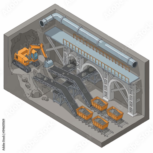 Mining Excavator Loading Ore onto Conveyor Belt System.