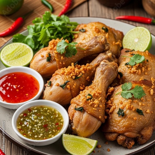 Spicy Fried Chicken Drumsticks with Cilantro, Garlic, and Chili Sauces