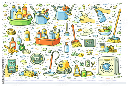 Doodle illustration of household cleaning supplies and tools with smart home integration.