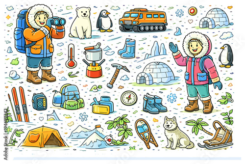 Arctic adventure illustrations with explorers, animals, and gear.