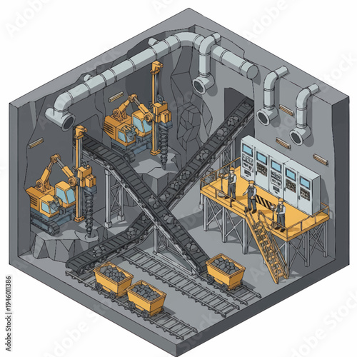 Isometric Coal Mine Interior with Machinery and Transport.