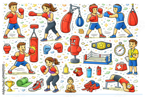 Colorful boxing scene with diverse athletes engaged in training and sparring activities.