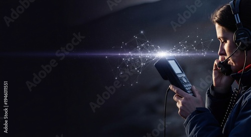 Woman air traffic controller using radio headset and communication device. Emergency rescue coordination after airplane crash. Digital network data visualization and aviation safety concept.