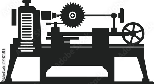 Lathe machine silhouette with headstock, tailstock, carriage, bed, rotating cutting tool, industrial equipment, mechanical engineering, manufacturing machinery, workshop tool