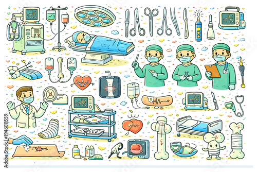 Cartoon hospital surgery scene with doctors, equipment, and patient in operating room.