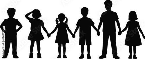 Children silhouettes holding hands showing boys and girls standing together isolated on white background, friendship unity kids vector illustration set