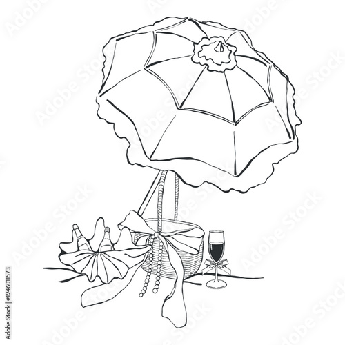 A beach umbrella, basket, glass, and shell with a bottle of wine. Vintage illustration for a beach party or coastal wedding. Black vector outline clip art.