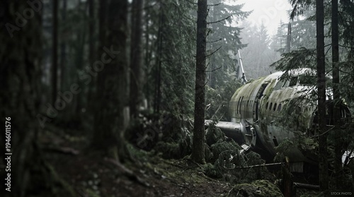 Abandoned airplane wreck lying in deep pine forest. Crashed commercial aircraft fuselage covered with moss among trees. Disaster site, aviation accident, mystery and survival concept.