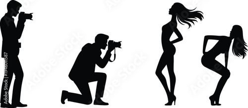 Fashion photo shoot silhouette with photographers, posing models, glamour photography, studio session, stylish representation, modeling industry, creative fashion concept, artistic capture