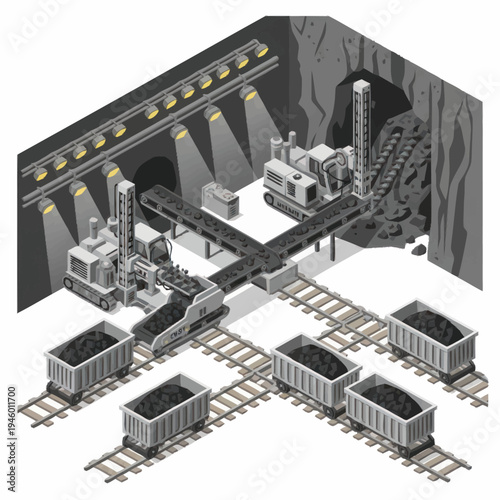 Coal Mining Operation with Conveyor Belts and Rail Cars.