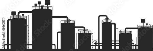 Industrial oil refinery plant silhouette, petrochemical storage tanks and pipelines infrastructure, energy production facility skyline isolated on white background