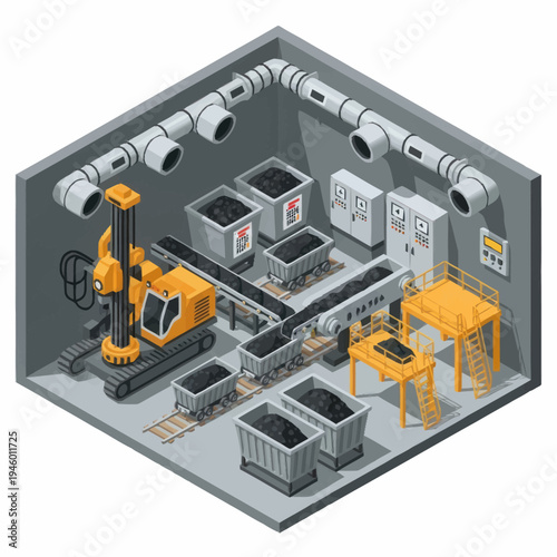 Industrial Mining Equipment and Conveyor System in Underground Operation.