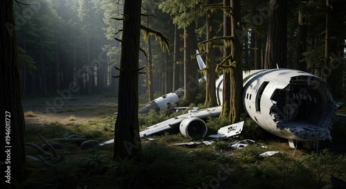Plane crash wreckage in a dense forest. Broken aircraft fuselage among tall trees. Abandoned aviation accident site. Disaster aftermath, mystery and survival concept in wilderness.