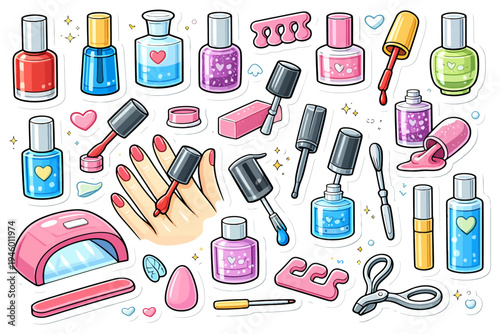 Colorful nail polish and manicure tools with hand and nail art stickers.