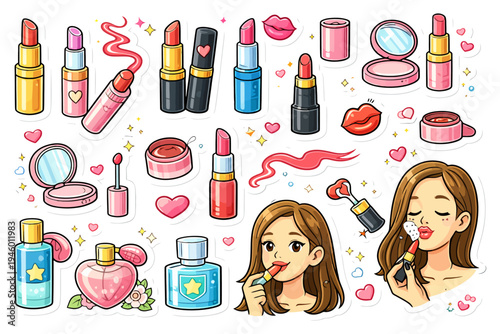 Colorful cute makeup elements with young asian female characters.