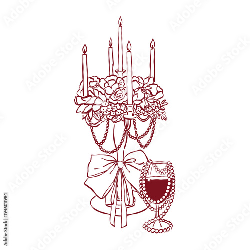 A hand-drawn vintage wedding candelabra with candles, bow, flowers, pearl beads, and a glass of wine. Vector festive outline illustration in red.