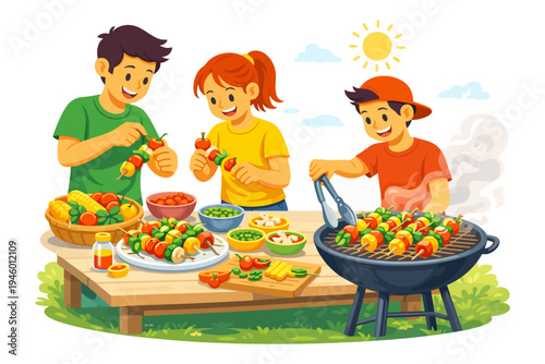 Cheerful picnic: three kids enjoying bbq on a sunny day.