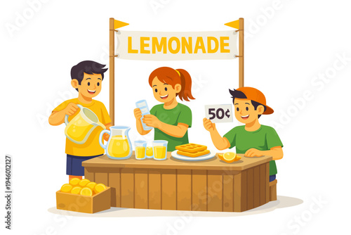 Children running a lemonade stand with waffles on a sunny day.