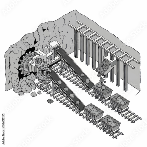 Mining machine extracting coal and loading into carts.