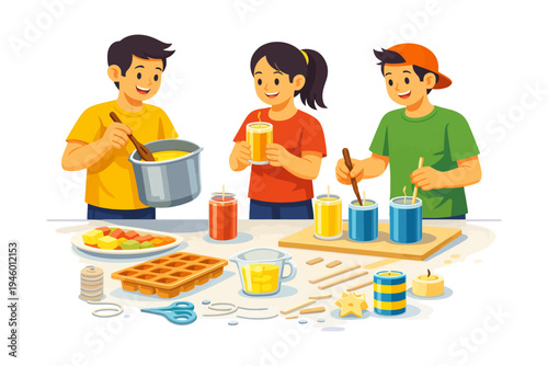 Young friends candle making activity with wax and colorful molds.