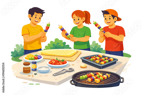 Happy group of friends grilling vegetable skewers at outdoor picnic.