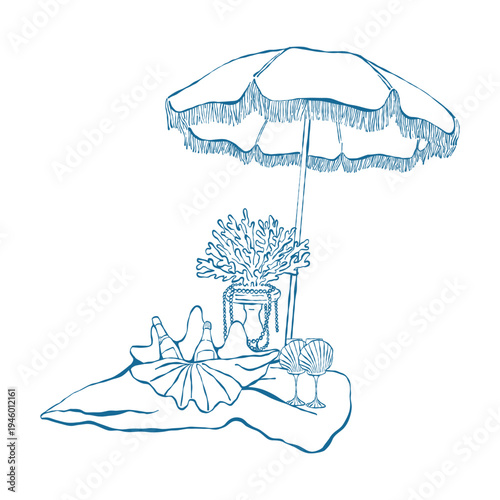 A beach umbrella, glasses, a shell with a bottle of wine, and coral and pearl decor. Vintage illustration for a beach party or coastal wedding. Blue vector outline clip art.