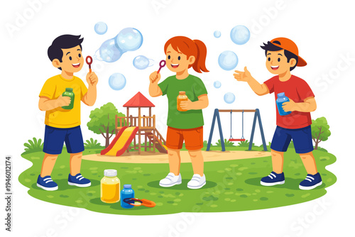 Children having fun blowing bubbles in playground on a sunny day.