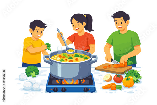 Diverse family cooking together in kitchen with fresh vegetables.