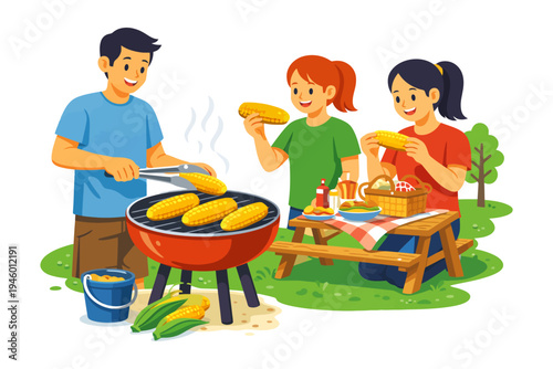 Family picnic with young caucasian adults grilling corn outdoors.