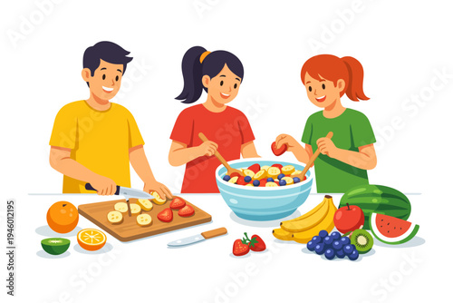 Diverse young adults enjoy preparing fresh fruit salad together.
