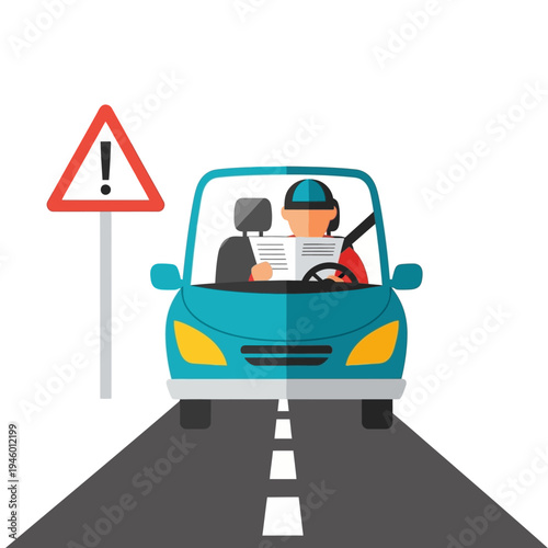 Distracted Driver Reading Newspaper While Driving Car.