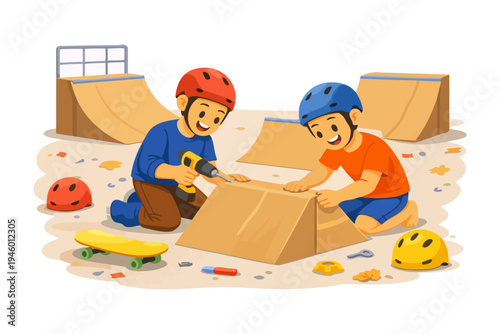 Young asian boys building skate ramp with tools in skatepark.