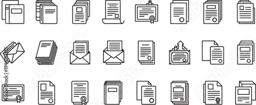 Collection of various document and file icons in black and white