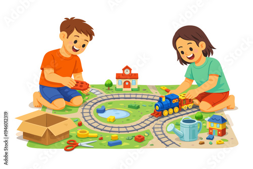 Two children playing with train set in playroom.
