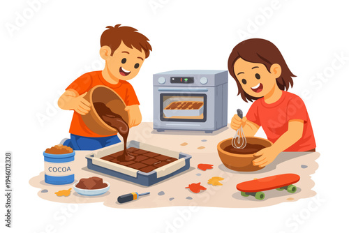 Two children baking brownies together in a kitchen setting.