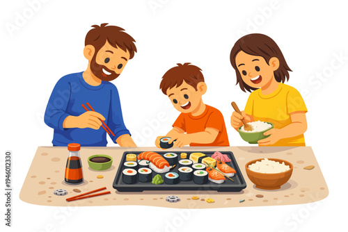 Family enjoying sushi meal together at home with smiles and chopsticks.