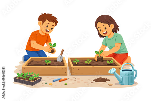 Young caucasian children planting seedlings in garden boxes with enthusiasm.