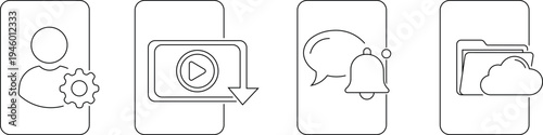 Interface outline icon set vector with user profile settings video playback chat notification and cloud folder storage for mobile app ui ux design isolated on transparent background