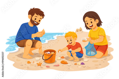 Family beach day with caucasian parents and child collecting seashells.