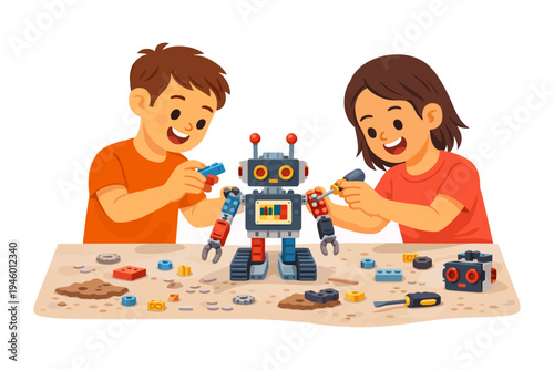 Two kids building a robot together using tools and parts on a table.
