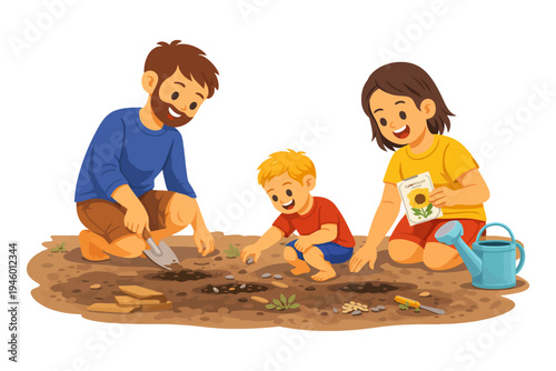 Family gardening fun: caucasian male adult, caucasian female adult, caucasian male child planting together.